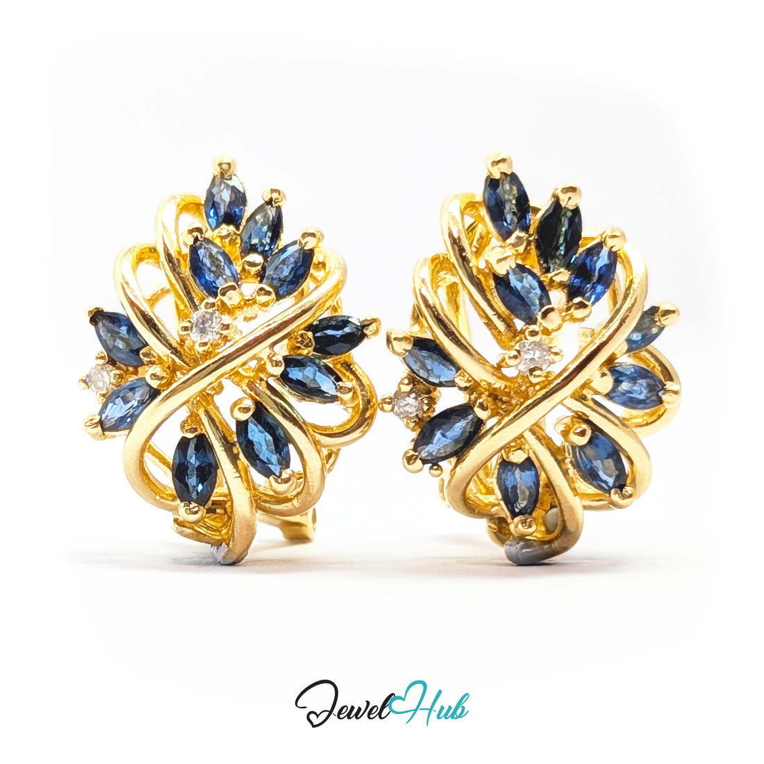 14K gold marquise sapphire earrings, twenty blue navette stones fanned from an interwoven gold knot - JewelHub