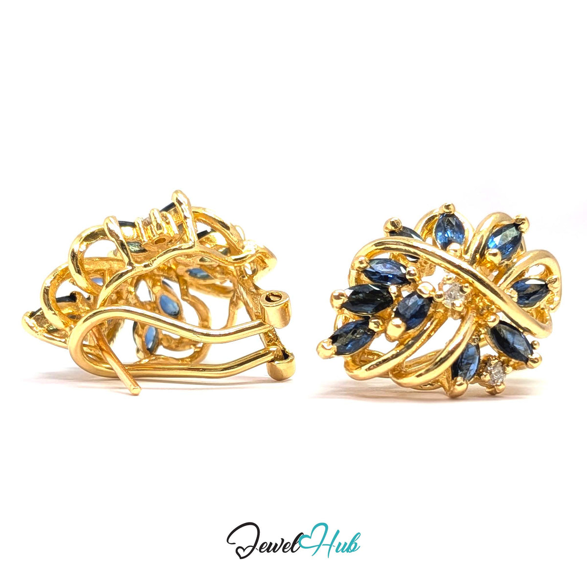 Marquise-cut blue sapphires, about 5 x 2.5mm each, claw-set in radiating fans - JewelHub
