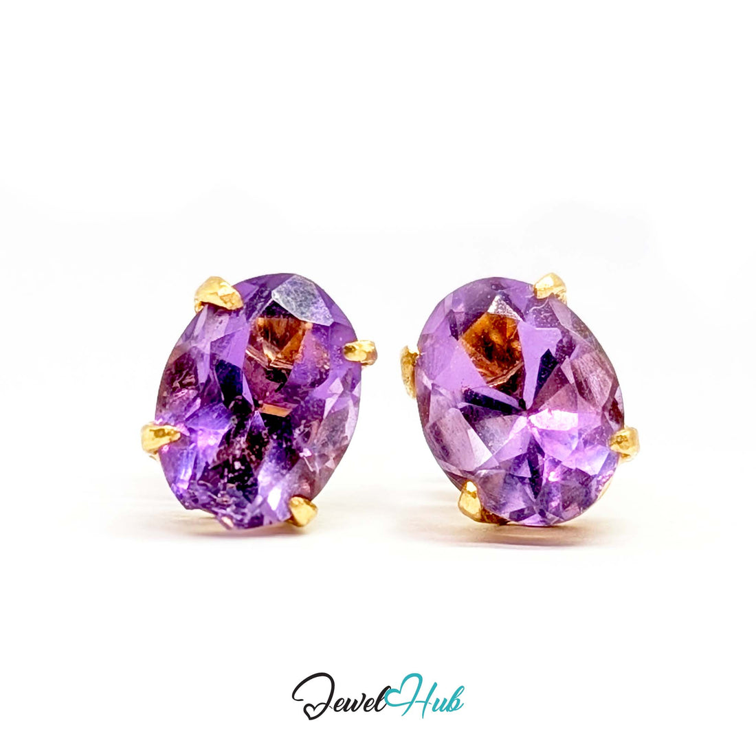 14K gold amethyst stud earrings, oval lilac stones in plain four-claw settings - JewelHub