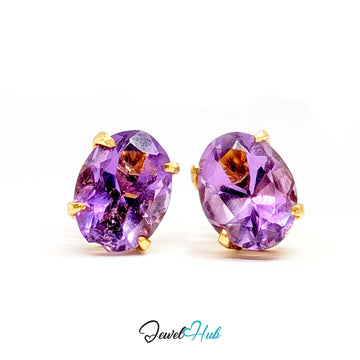 14K gold amethyst stud earrings, oval lilac stones in plain four-claw settings - JewelHub