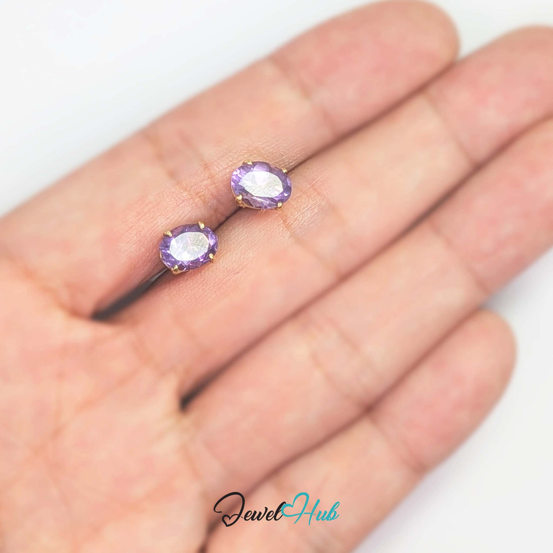 14K gold amethyst stud earrings, oval lilac stones in plain four-claw settings - JewelHub