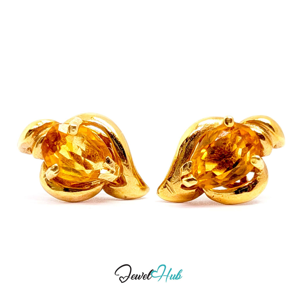 14K gold citrine stud earrings, golden oval stones angled inside a sculptural gold curl - JewelHub