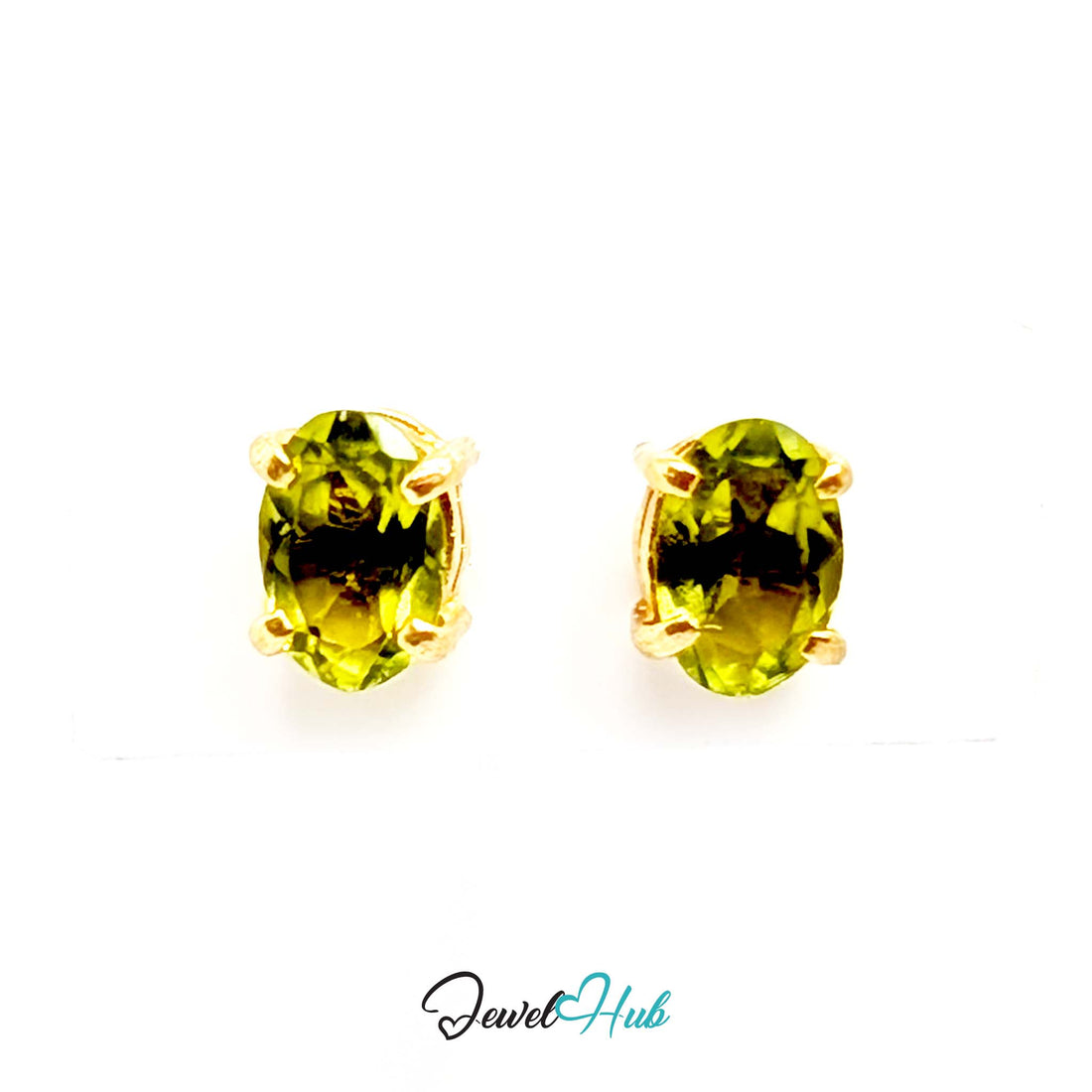 14K gold peridot stud earrings, oval yellow-green stones in plain four-claw settings - JewelHub