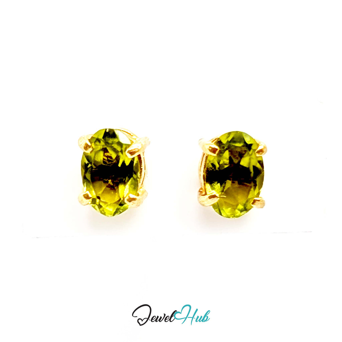 14K gold peridot stud earrings, oval yellow-green stones in plain four-claw settings - JewelHub