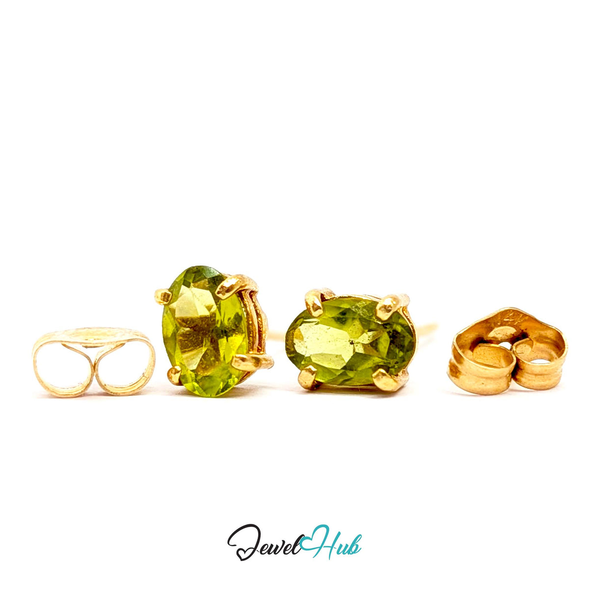 Oval peridot, 6 x 4mm, held in four plain 14k yellow gold claws - JewelHub