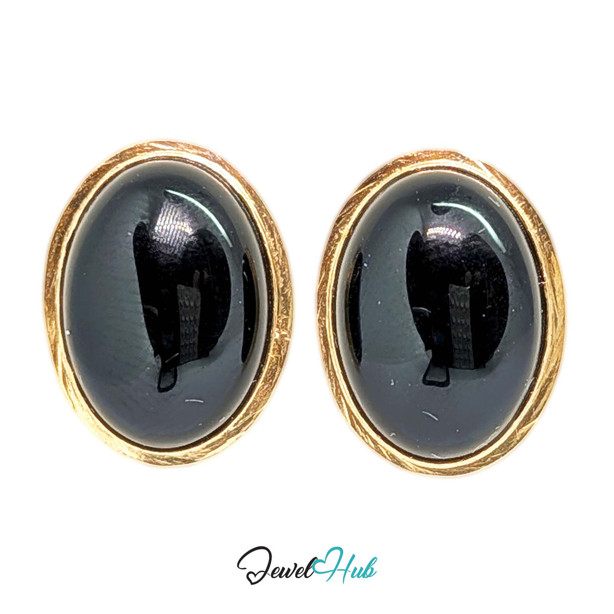 14K Gold Black Onyx Studs - Large 12x16mm Oval Cabochon