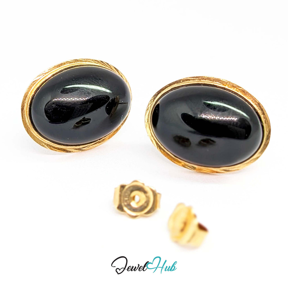 14K Gold Black Onyx Studs - Large 12x16mm Oval Cabochon