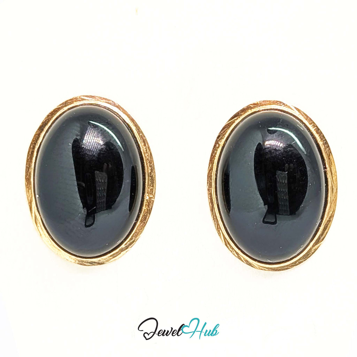 14K Gold Black Onyx Studs - Large 12x16mm Oval Cabochon