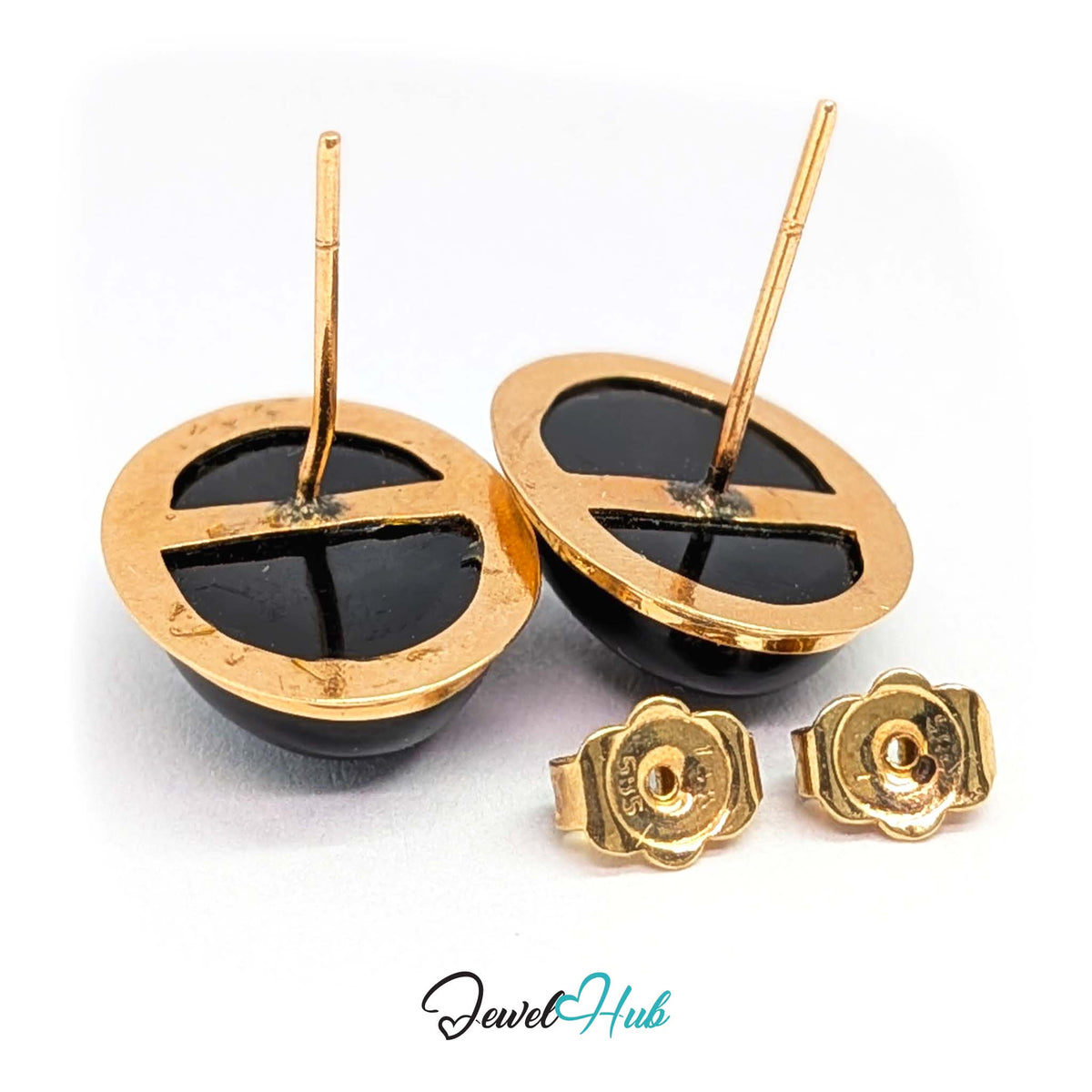 14K Gold Black Onyx Studs - Large 12x16mm Oval Cabochon