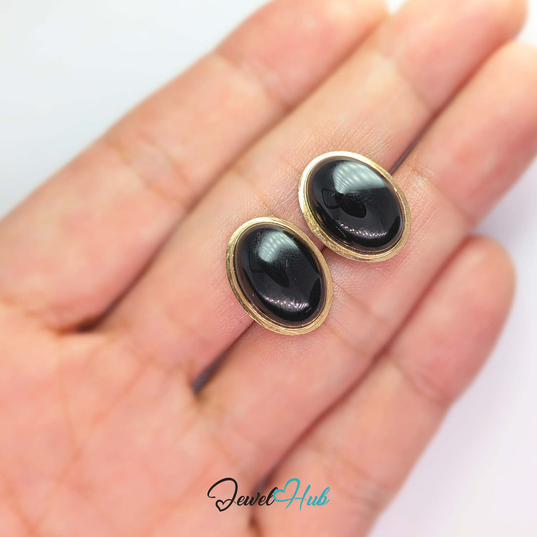 14K Gold Black Onyx Studs - Large 12x16mm Oval Cabochon