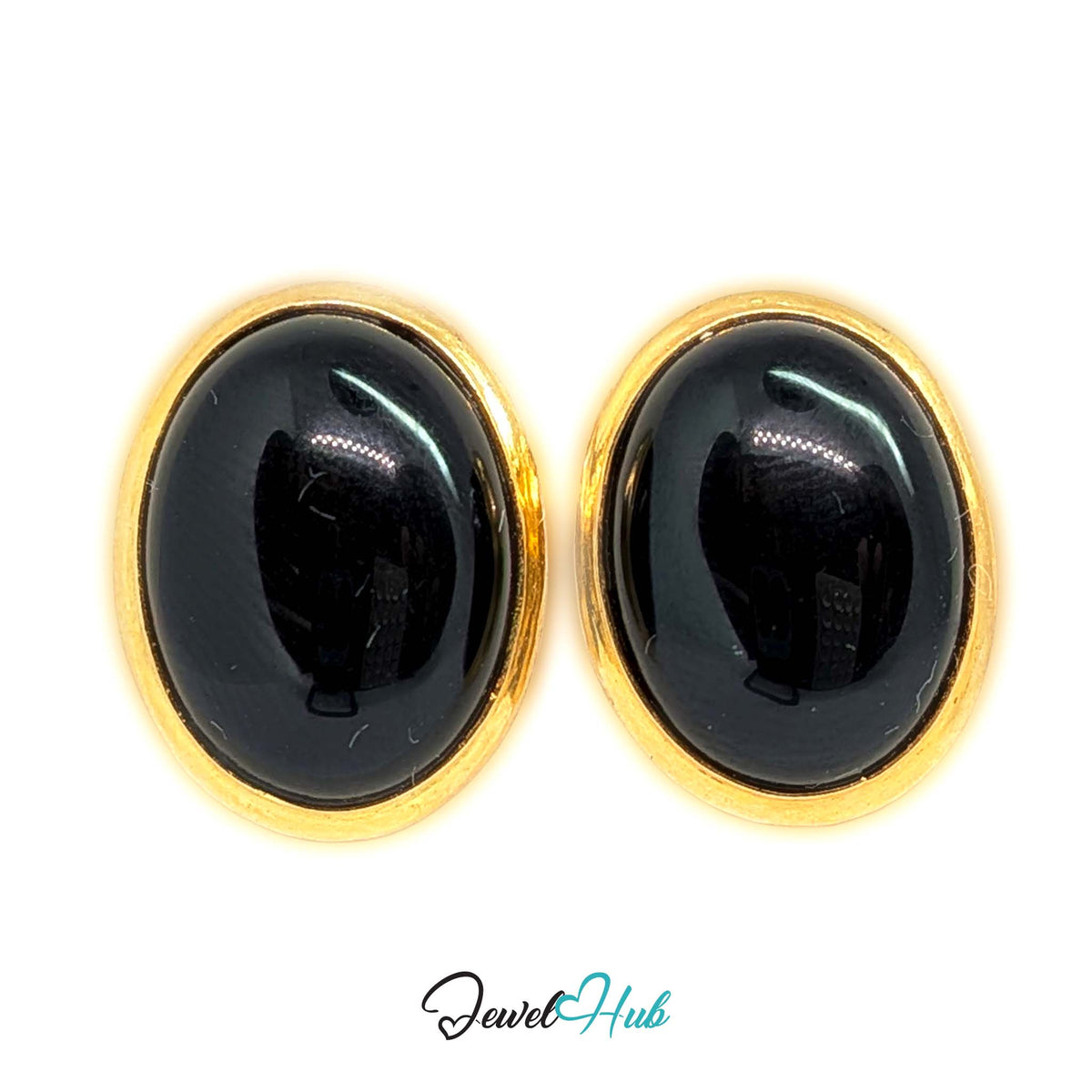 14K Gold Black Onyx Studs - Wide Polished Bezel, 11x14mm