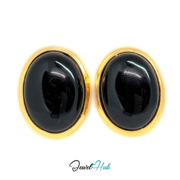 14K Gold Black Onyx Studs - Wide Polished Bezel, 11x14mm