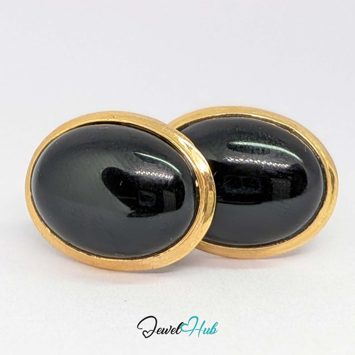 14K Gold Black Onyx Studs - Wide Polished Bezel, 11x14mm