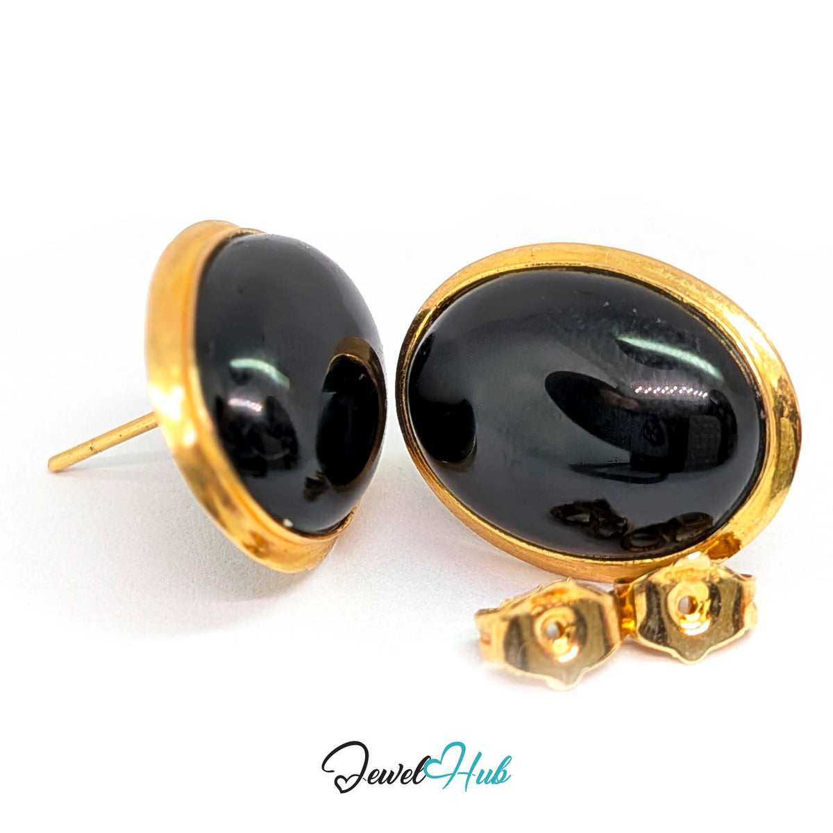 14K Gold Black Onyx Studs - Wide Polished Bezel, 11x14mm