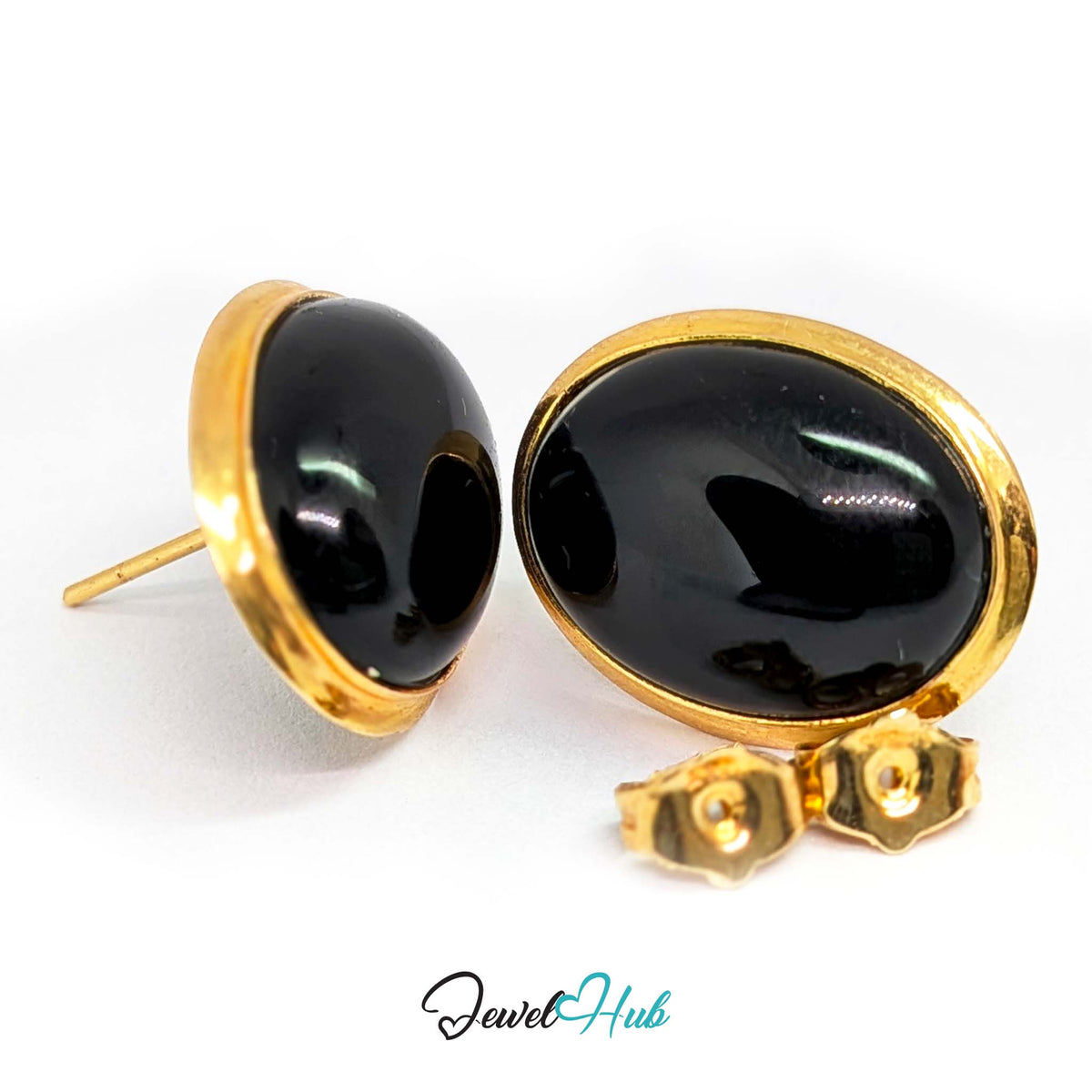14K Gold Black Onyx Studs - Wide Polished Bezel, 11x14mm