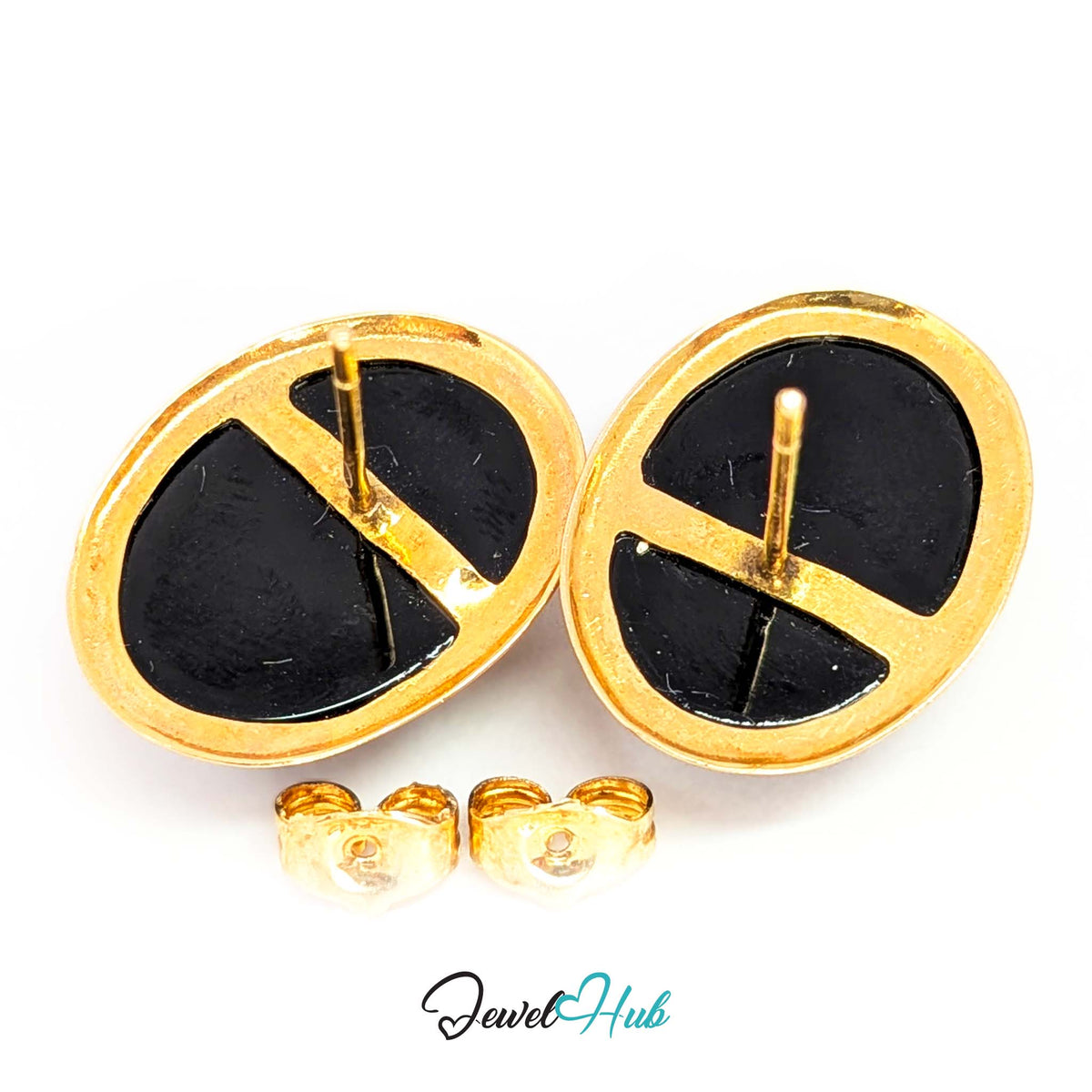 14K Gold Black Onyx Studs - Wide Polished Bezel, 11x14mm