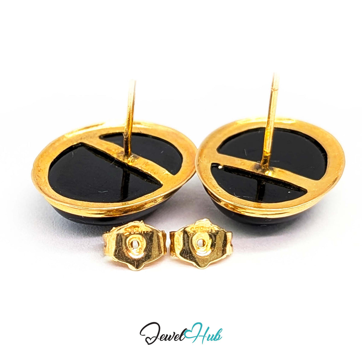 14K Gold Black Onyx Studs - Wide Polished Bezel, 11x14mm