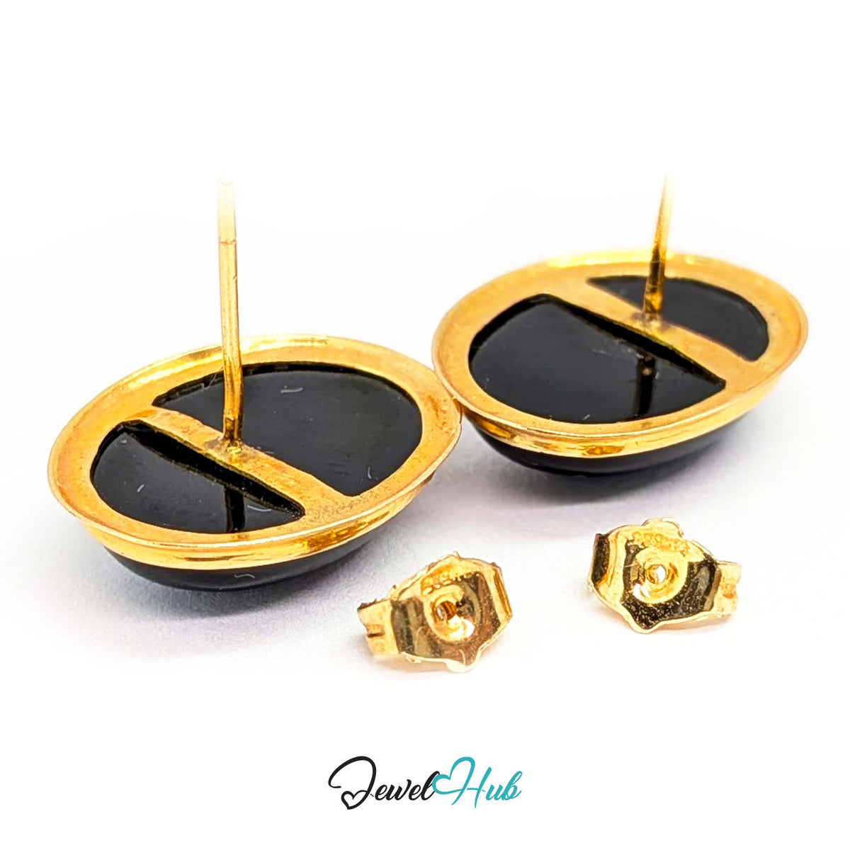 14K Gold Black Onyx Studs - Wide Polished Bezel, 11x14mm