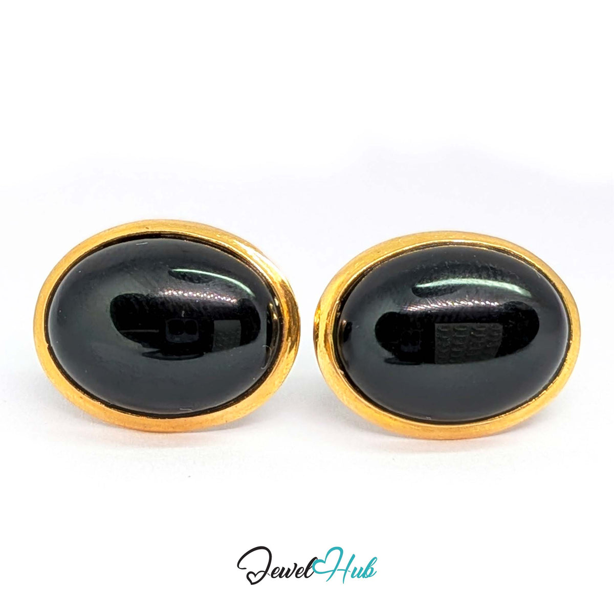14K Gold Black Onyx Studs - Wide Polished Bezel, 11x14mm