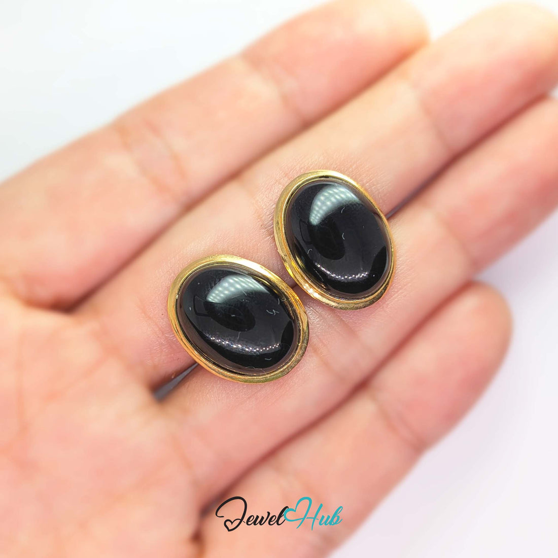 14K Gold Black Onyx Studs - Wide Polished Bezel, 11x14mm