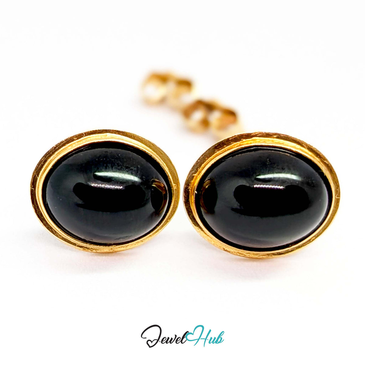 14K Gold Black Onyx Studs - Minimal Bezel, 8.5x10mm Oval
