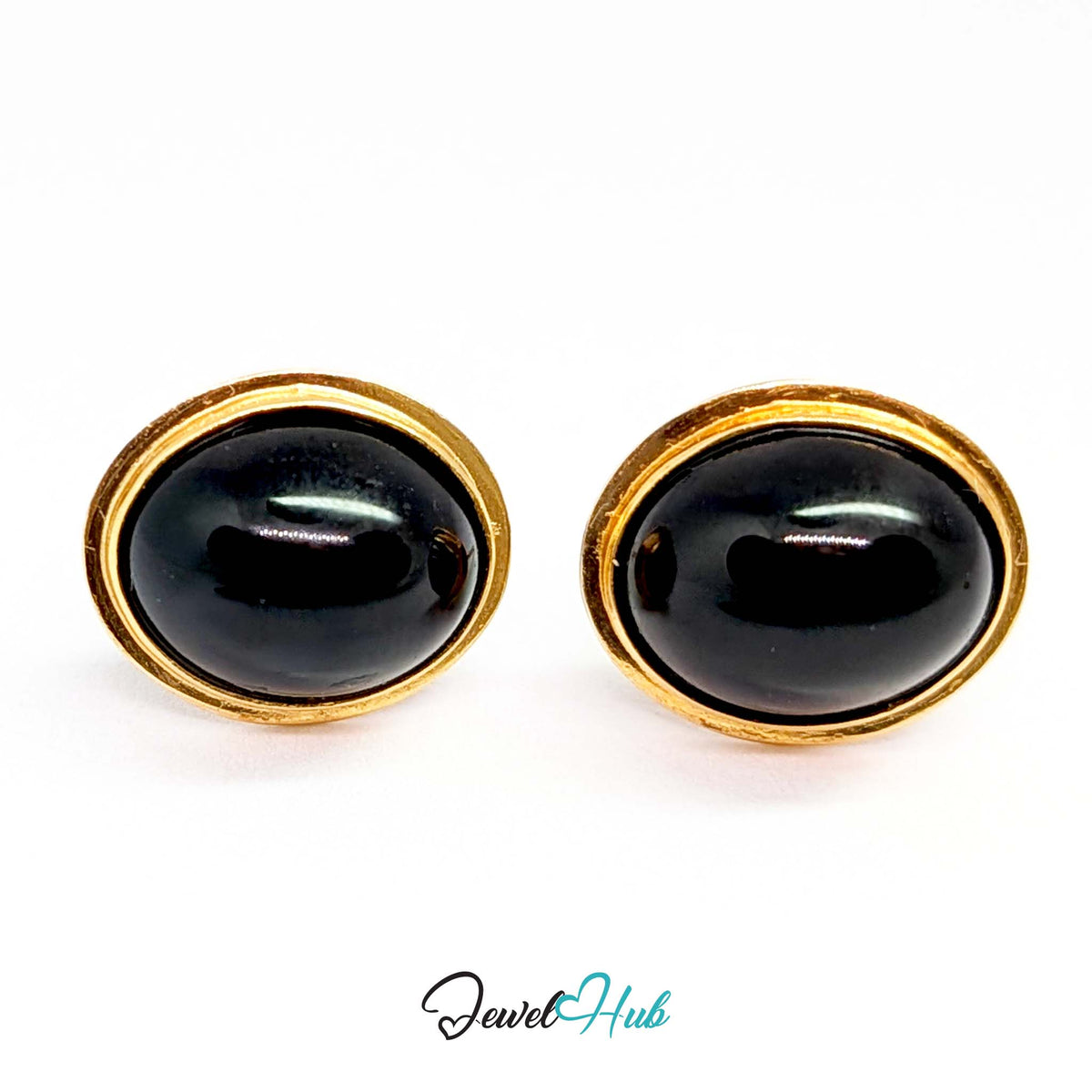 14K Gold Black Onyx Studs - Minimal Bezel, 8.5x10mm Oval