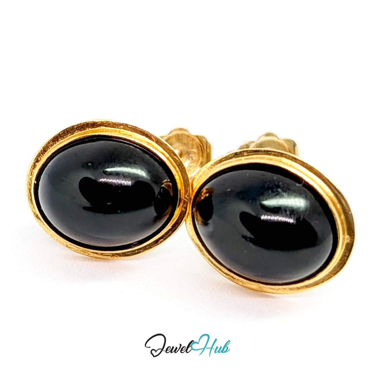 14K Gold Black Onyx Studs - Minimal Bezel, 8.5x10mm Oval