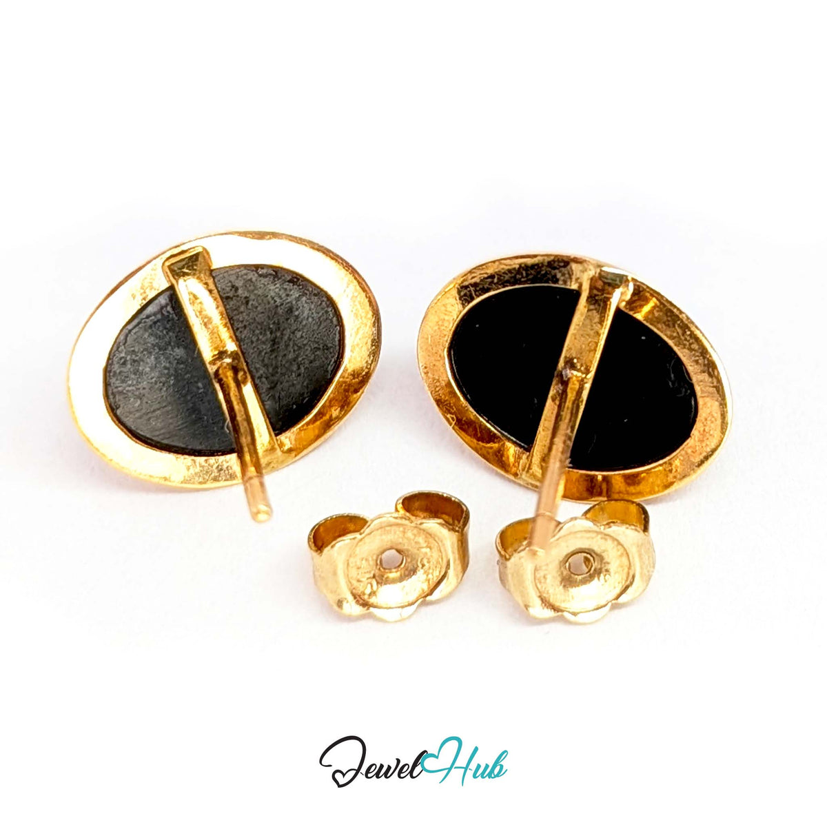 14K Gold Black Onyx Studs - Minimal Bezel, 8.5x10mm Oval