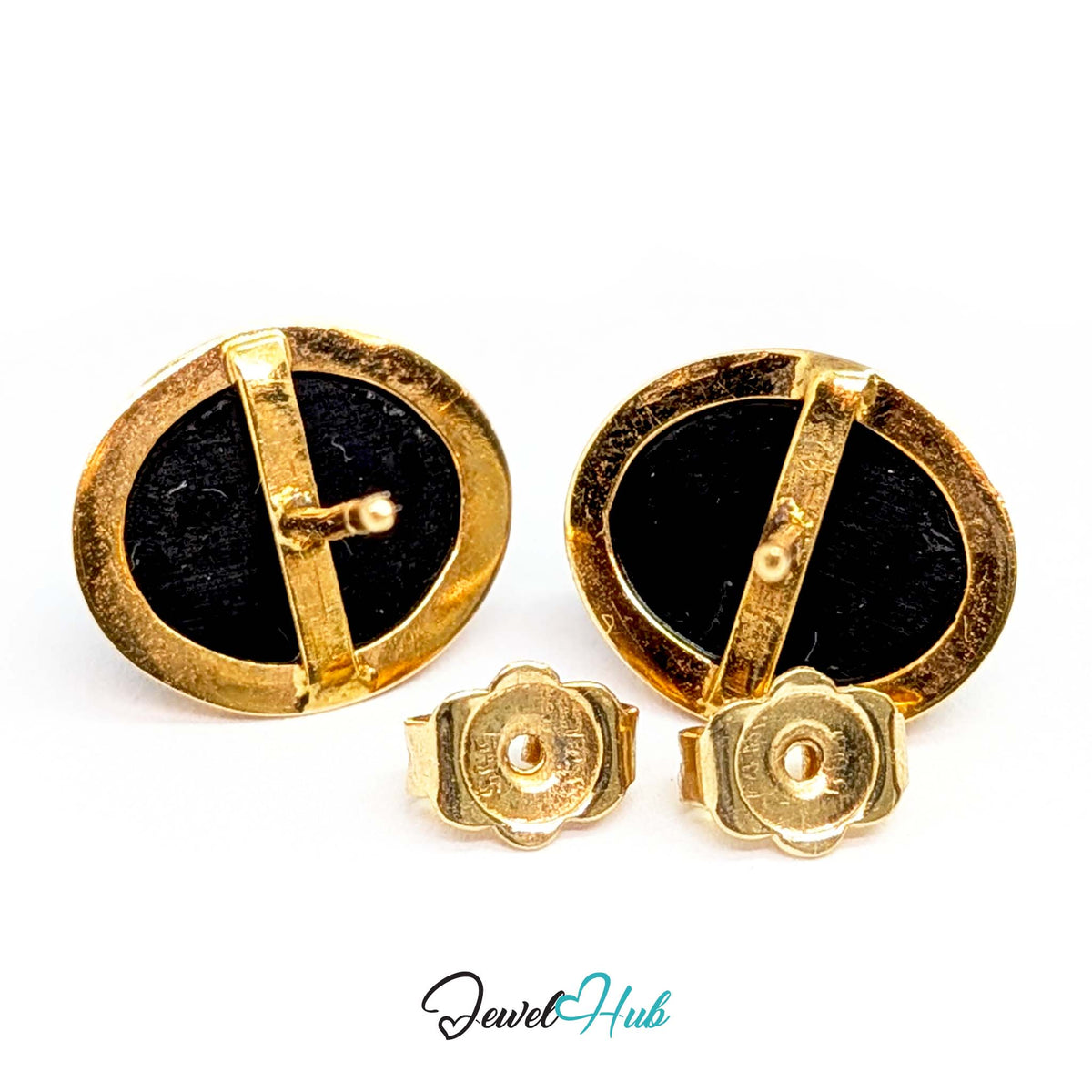 14K Gold Black Onyx Studs - Minimal Bezel, 8.5x10mm Oval