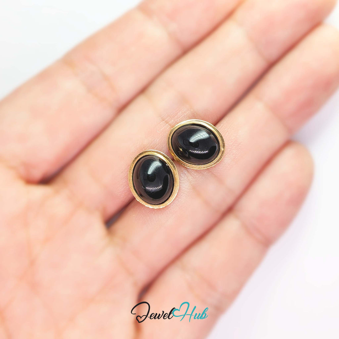 14K Gold Black Onyx Studs - Minimal Bezel, 8.5x10mm Oval