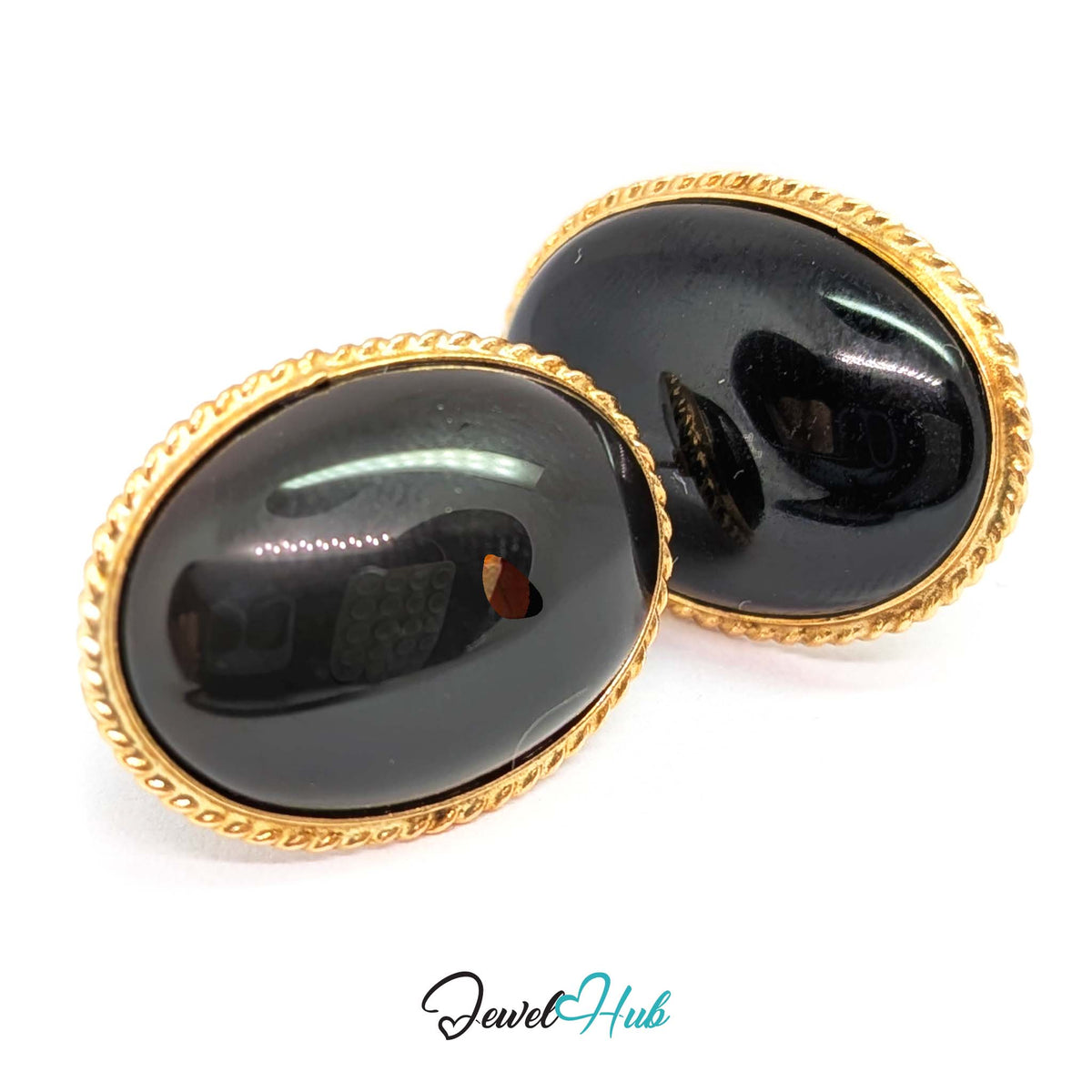 14K Gold Black Onyx Earrings - Rope Bezel, 14x19mm Oval