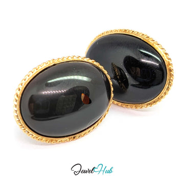 14K Gold Black Onyx Earrings - Rope Bezel, 14x19mm Oval