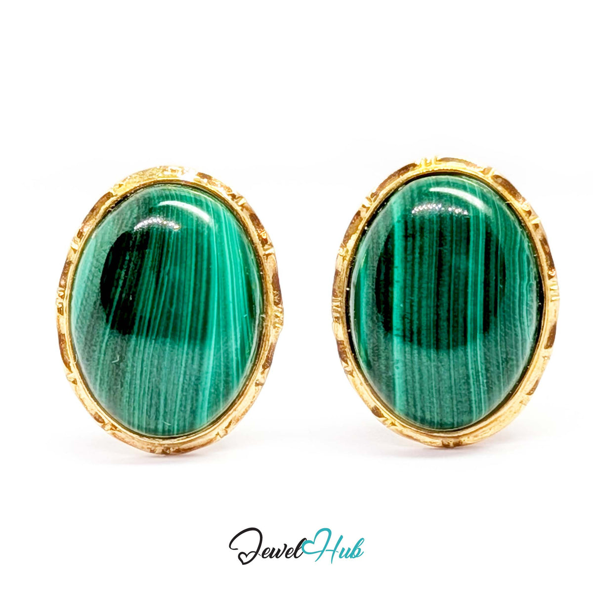 14K Gold Malachite Studs - Omega Clip, 12x16mm Oval