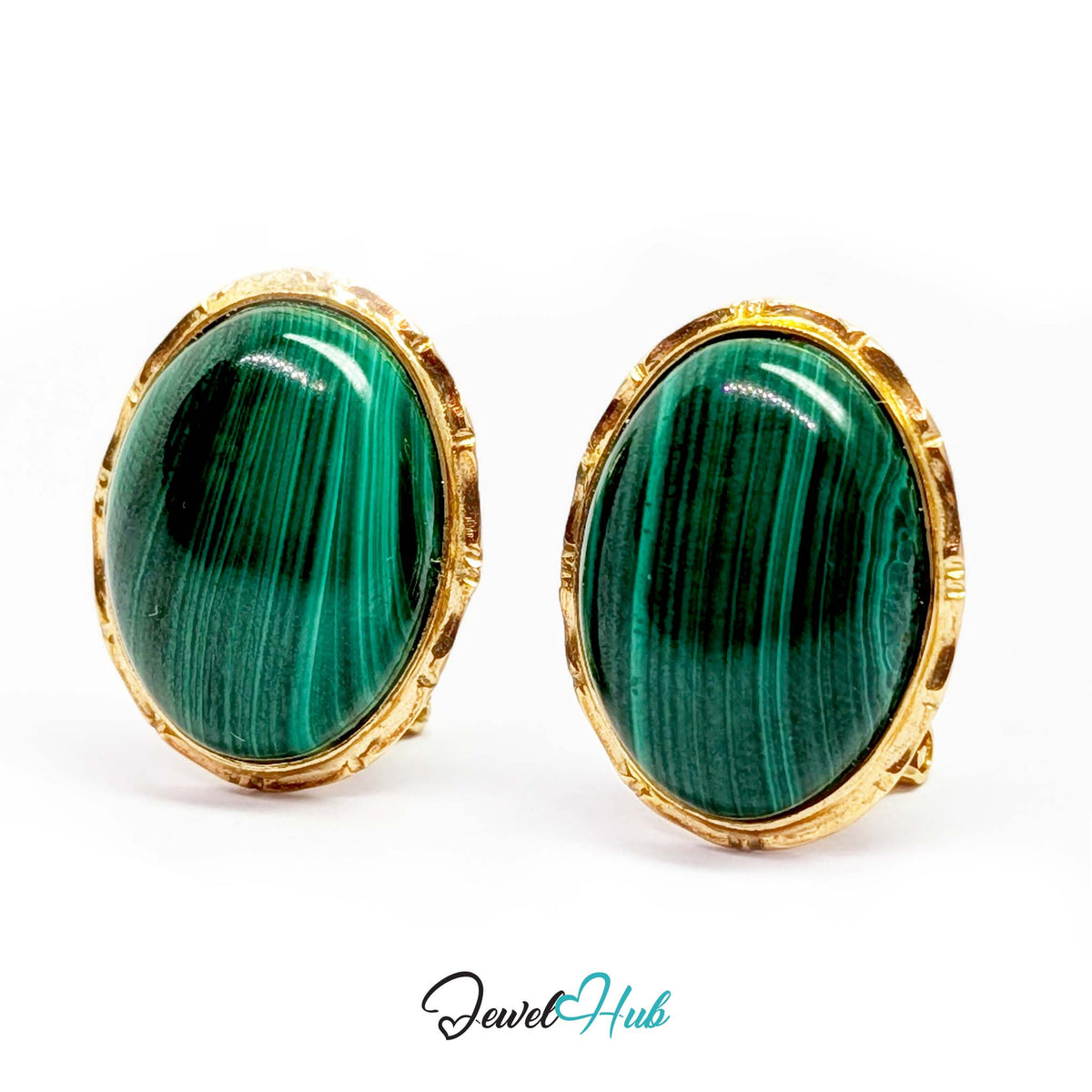 14K Gold Malachite Studs - Omega Clip, 12x16mm Oval