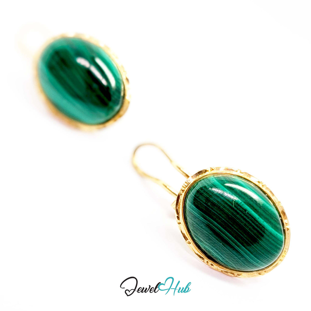 14K Gold Malachite Studs - Omega Clip, 12x16mm Oval