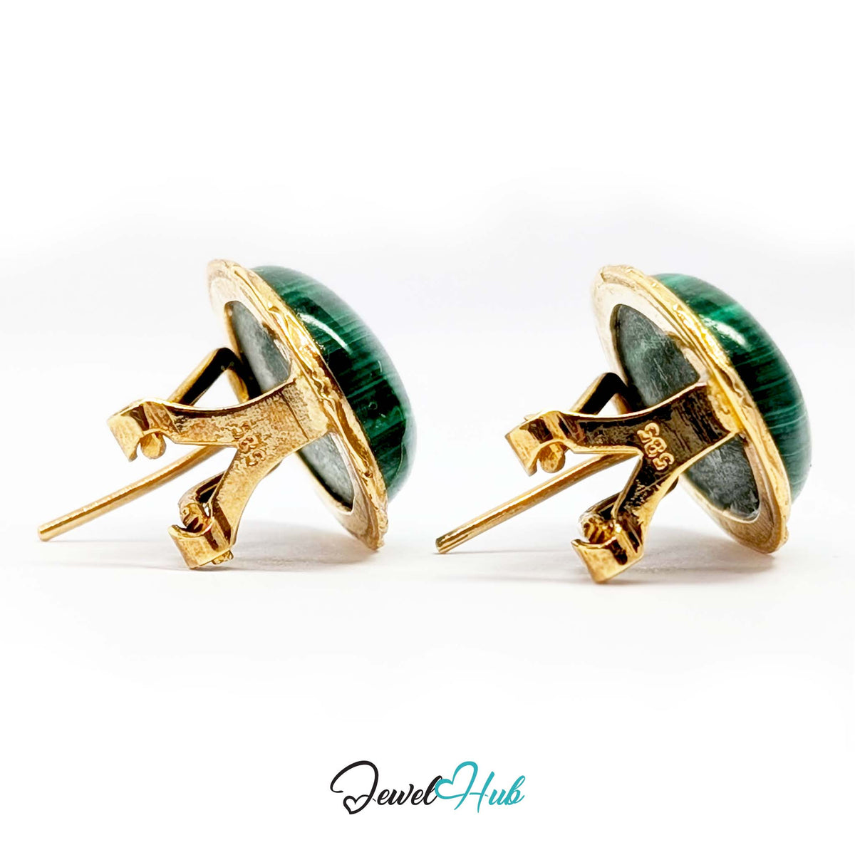 14K Gold Malachite Studs - Omega Clip, 12x16mm Oval