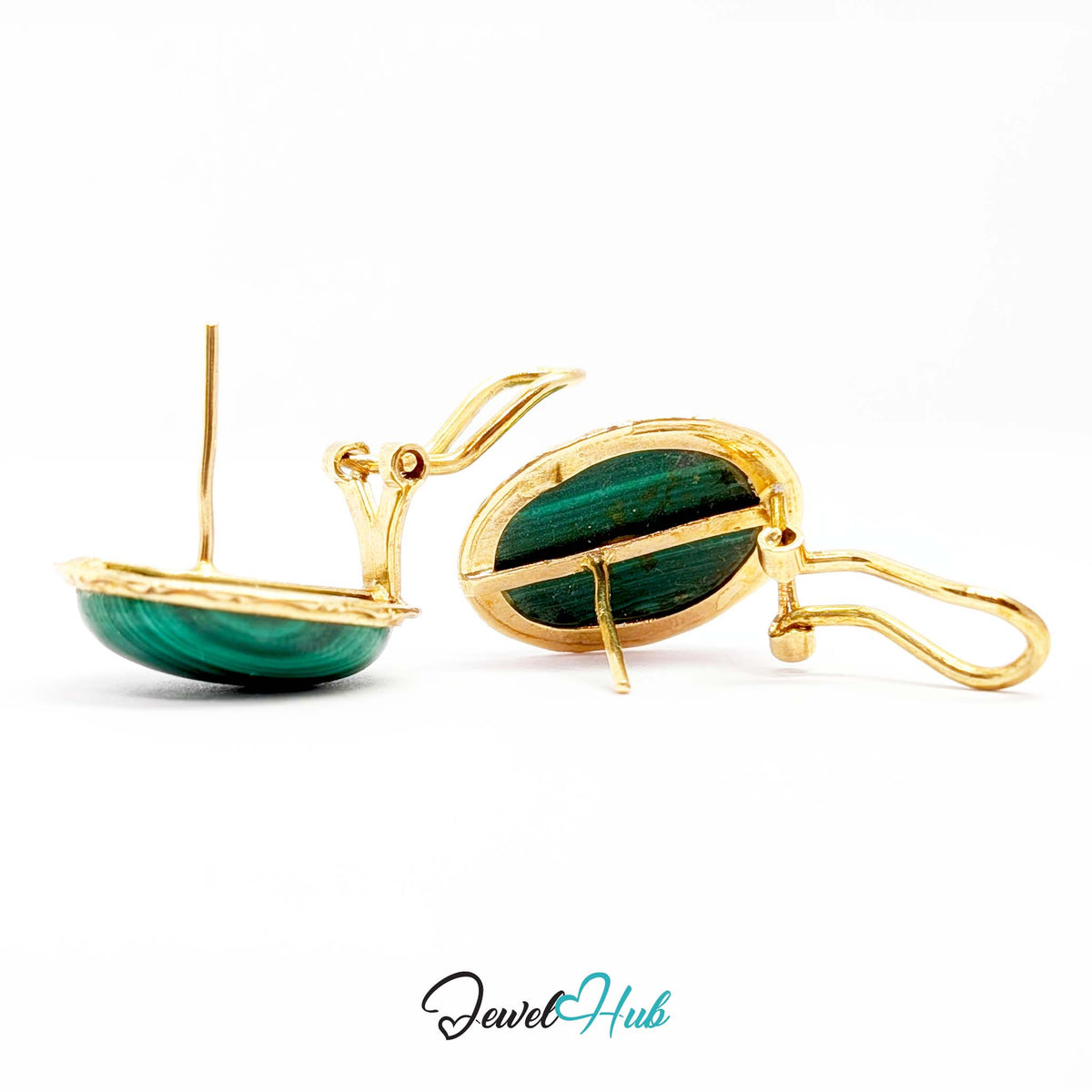 14K Gold Malachite Studs - Omega Clip, 12x16mm Oval
