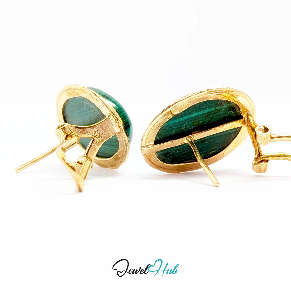 14K Gold Malachite Studs - Omega Clip, 12x16mm Oval