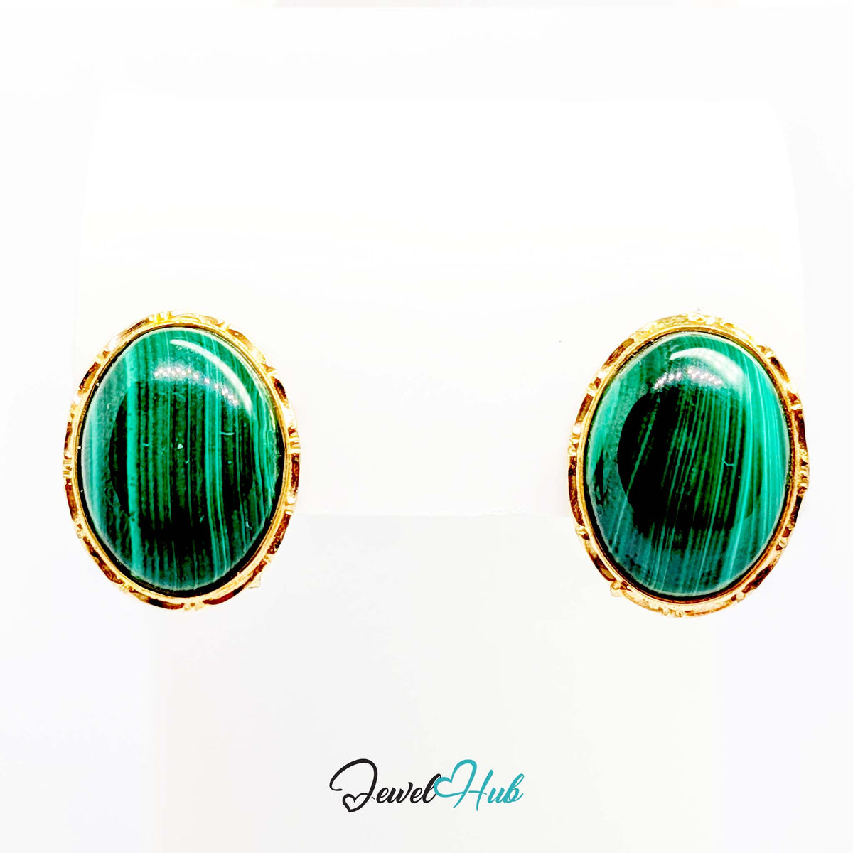 14K Gold Malachite Studs - Omega Clip, 12x16mm Oval