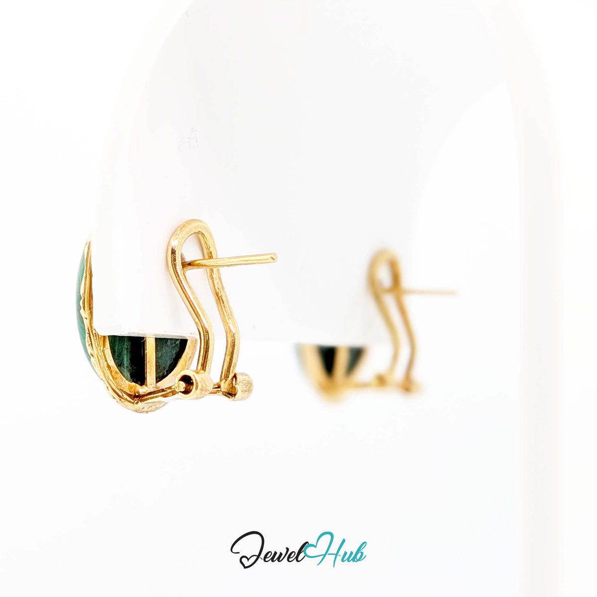14K Gold Malachite Studs - Omega Clip, 12x16mm Oval