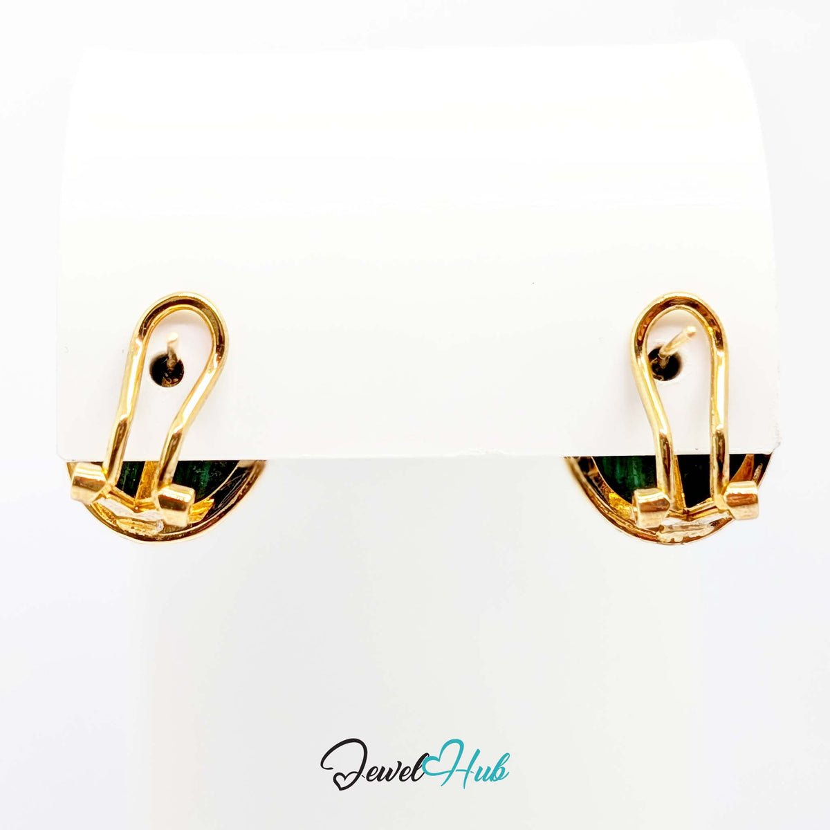 14K Gold Malachite Studs - Omega Clip, 12x16mm Oval