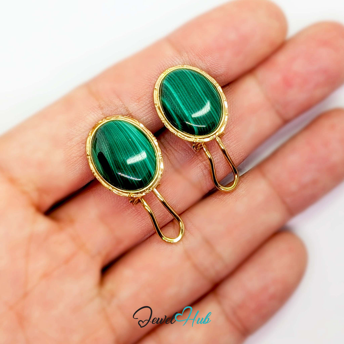 14K Gold Malachite Studs - Omega Clip, 12x16mm Oval