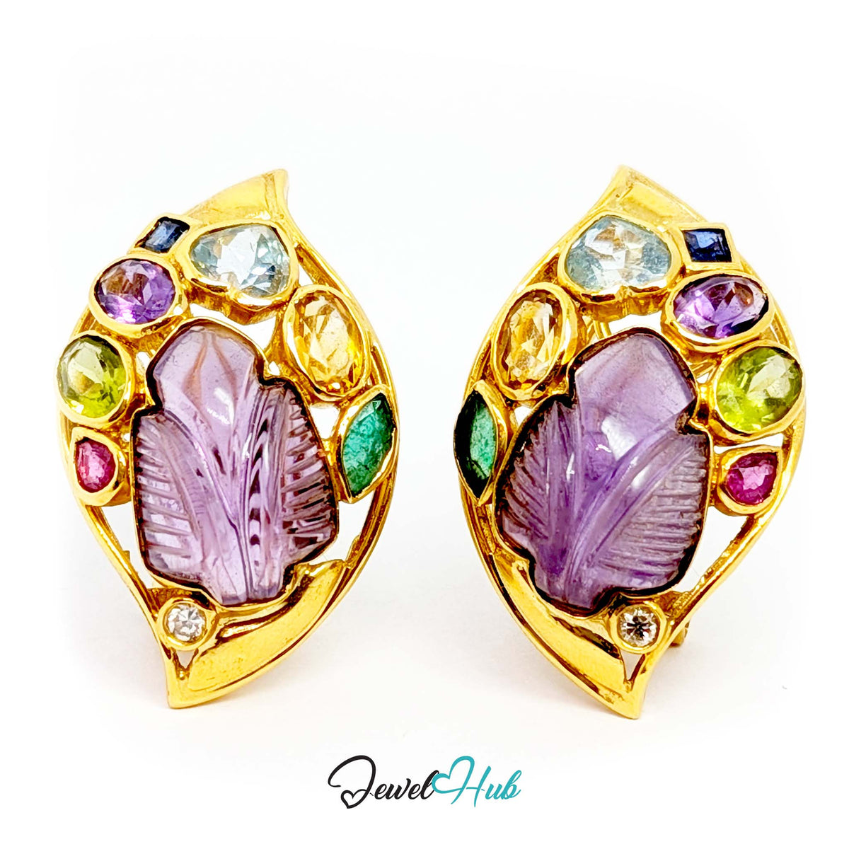 18K Gold Carved Amethyst Leaf Earrings - 18 Gemstones