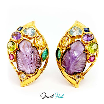 18K Gold Carved Amethyst Leaf Earrings - 18 Gemstones