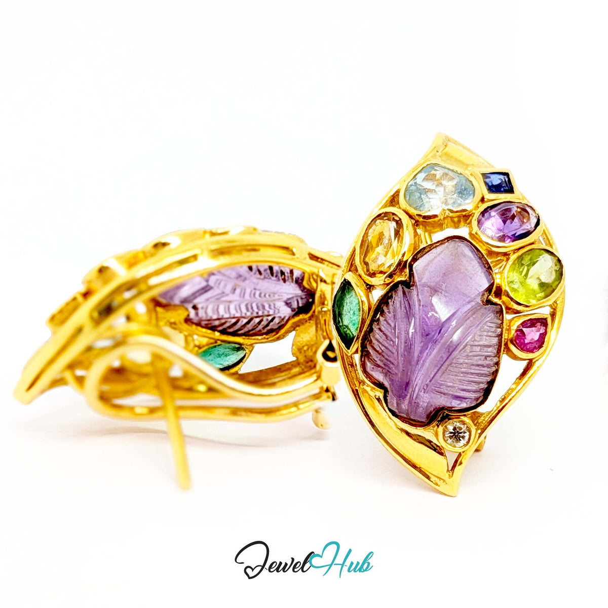 18K Gold Carved Amethyst Leaf Earrings - 18 Gemstones