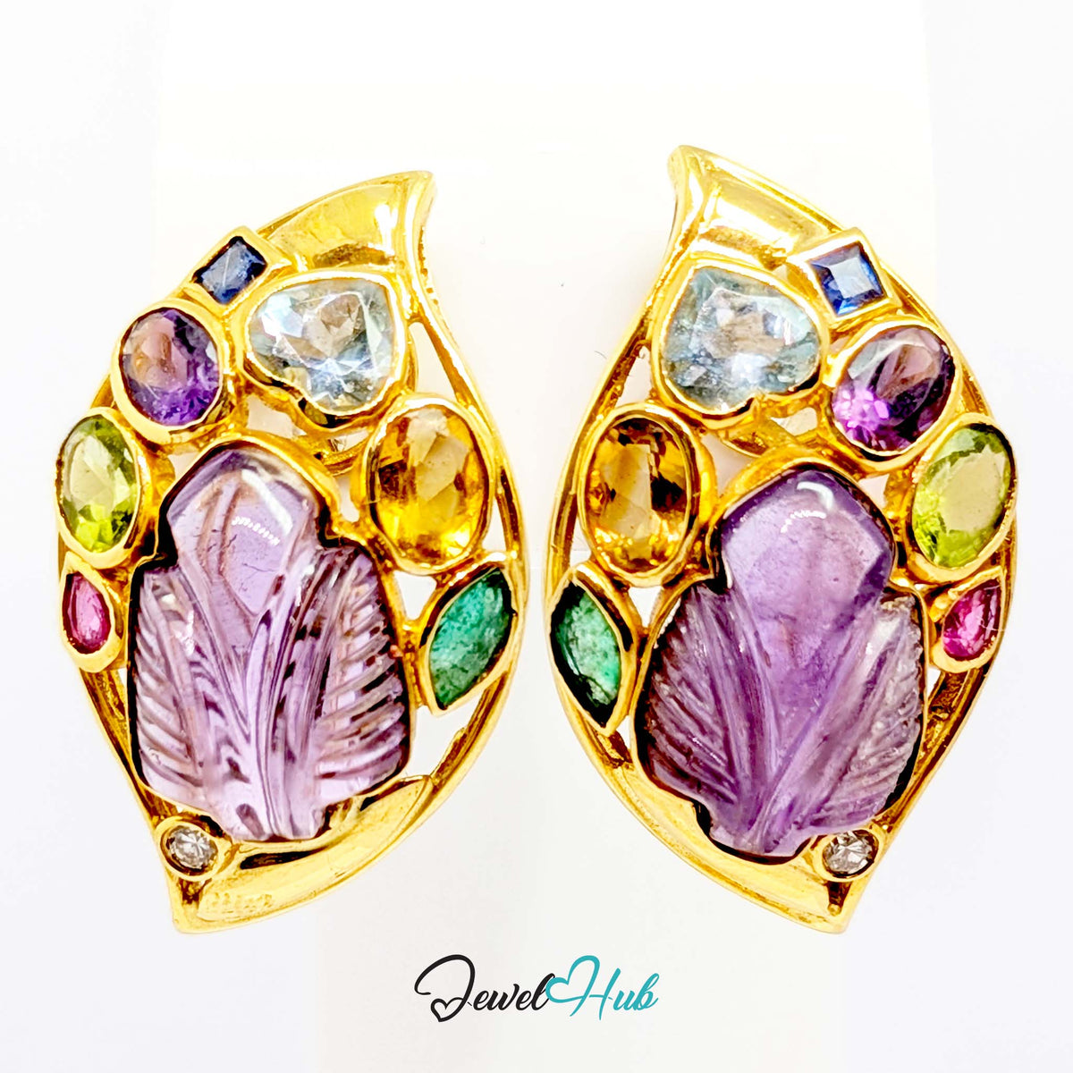 18K Gold Carved Amethyst Leaf Earrings - 18 Gemstones
