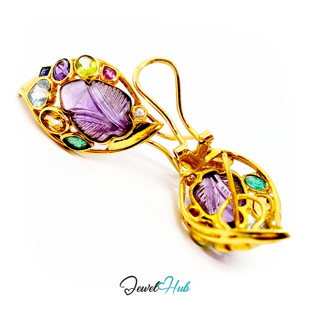 18K Gold Carved Amethyst Leaf Earrings - 18 Gemstones