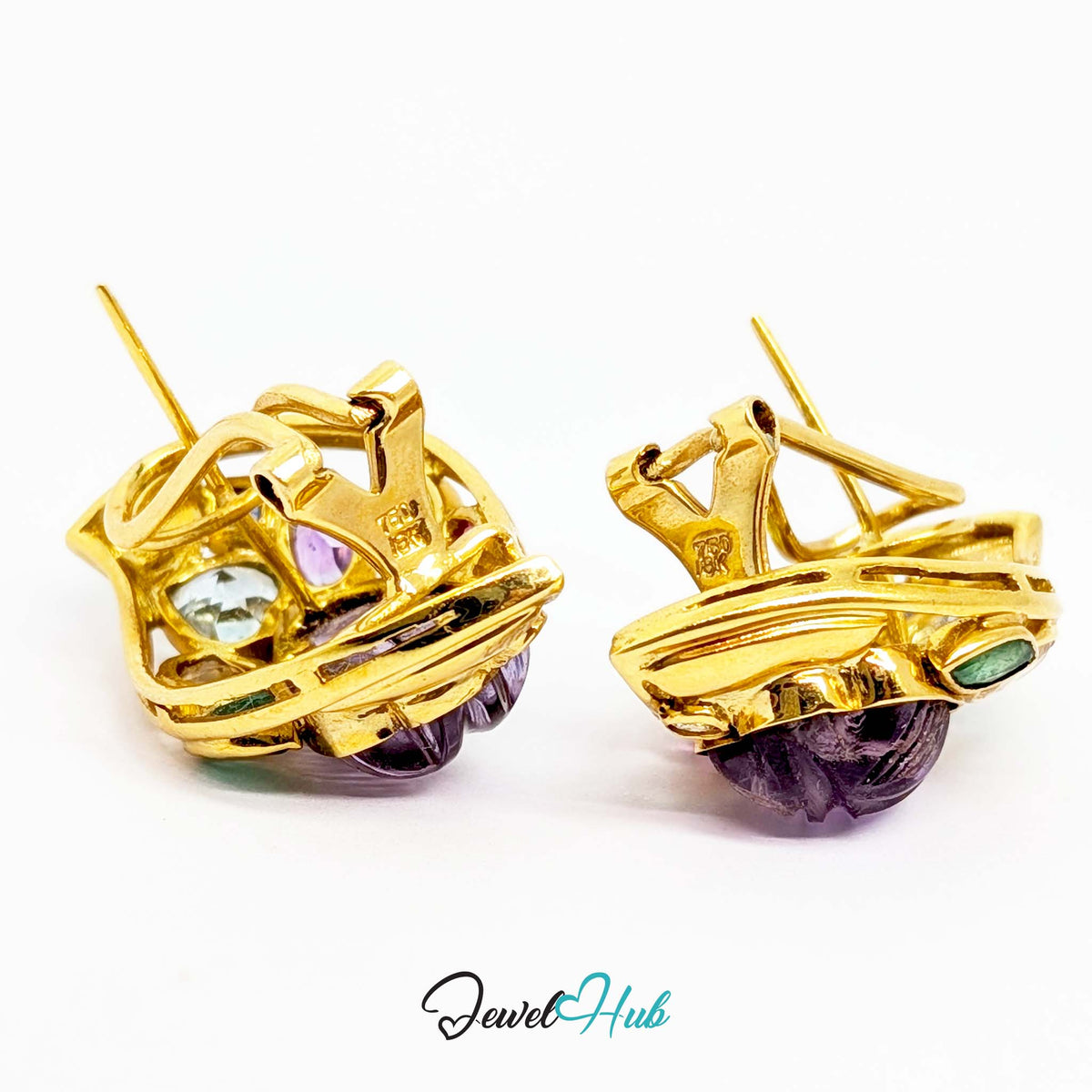 18K Gold Carved Amethyst Leaf Earrings - 18 Gemstones