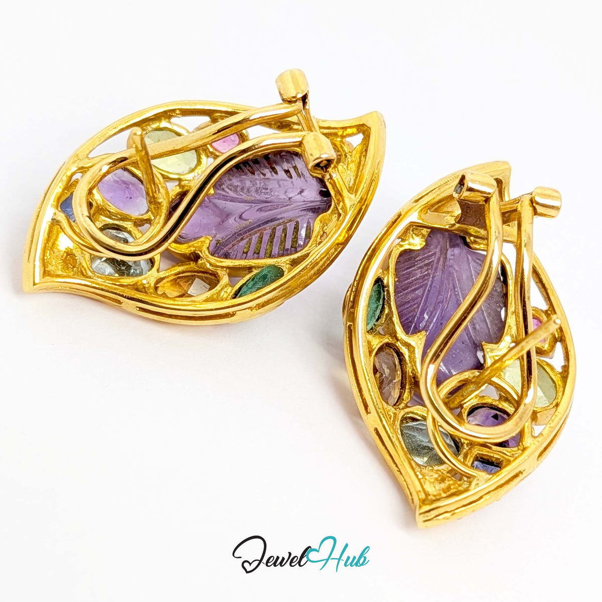 18K Gold Carved Amethyst Leaf Earrings - 18 Gemstones