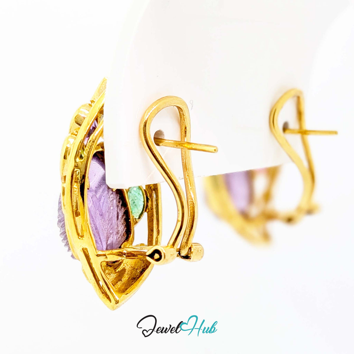 18K Gold Carved Amethyst Leaf Earrings - 18 Gemstones